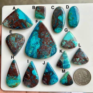 Könnte beinhalten: Eine Sammlung polierter Edelsteine in verschiedenen Formen, darunter Tropfen, Ovale und Dreiecke. Die Steine weisen eine Mischung aus Türkis- und Brauntönen mit einzigartigen Mustern und Texturen auf. Eine Münze dient als Größenreferenz.