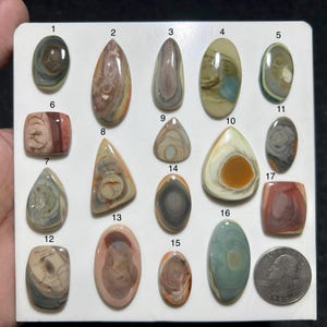 May include: A collection of seventeen polished, multi-colored cabochon gemstones arranged on a white display board, each numbered from 1 to 17. The stones feature varied shapes including oval, teardrop, and square, with a US quarter coin for scale.