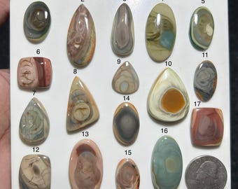 May include: A collection of seventeen polished, multi-colored cabochon gemstones arranged on a white display board, each numbered from 1 to 17. The stones feature varied shapes including oval, teardrop, and square, with a US quarter coin for scale.