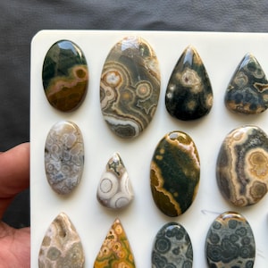 Puede incluir: Una colecci&oacute;n de cabujones pulidos de diversas formas con patrones orbiculares, bandeados y moteados en tonos verde, marr&oacute;n, gris, blanco y beige, dispuestos sobre un tablero de presentaci&oacute;n rectangular blanco.