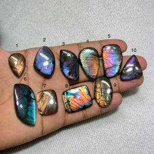 Könnte beinhalten: Eine Sammlung von zehn polierten Labradorit-Edelsteinen in verschiedenen Formen, darunter oval und rechteckig. Die Steine zeigen schillernde Blitze in Blau, Lila, Gold und Grün. Die Edelsteine werden in einer Hand gehalten.