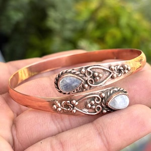 Copper Rainbow Moonstone Adjustable Cuff Bangle Bracelet – Handmade Boho Jewelry