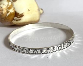 Handmade Sterling Silver Flower Bangle: Minimalist 925 Jewelry