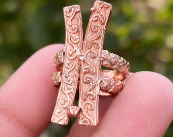 Pure Copper Floral Engraved Split Band Ring – Handmade Designer Statement Ring
