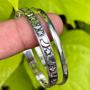 Sterling Silver Moon & Star Bangle Bracelet Set - Artisan Jewelry
