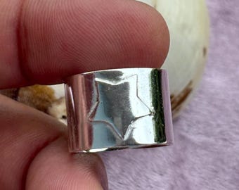 Handmade Silver Star pattern wide band ring, Artisan holiday wear fashion jewel