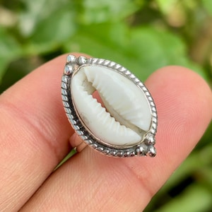 Puede incluir: Anillo de plata con una concha de cauri blanca. La concha es ovalada y está engastada en un bisel de plata con un borde de cuentas. El anillo se sostiene en una mano sobre un fondo verde borroso.