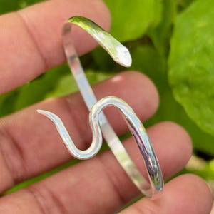 May include: A silver-colored bracelet in the shape of a snake. The bracelet has a curved design with a snake head and tail. The bracelet is held in a hand against a green background.