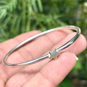 Sterling Silver Bangle with Brass Star, Minimalist Boho Bracelet