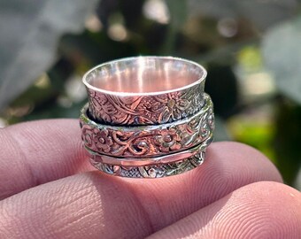 Floral Sterling Silver Spinner Ring • Boho Meditation, Anxiety Relief