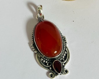 Sterlingzilveren hanger carneool en rode granaat | Vintage boho-ketting