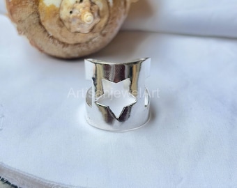 Star Sterling Silver Wide Band Ring: Boho Hippie Unisex Jewelry
