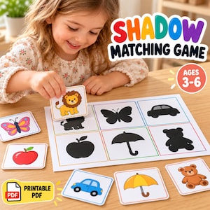 Può includere: Un gioco di abbinamento delle ombre con una tavola bianca che presenta sei sagome nere di leone, farfalla, auto, mela, ombrello e orsacchiotto. Carte quadrate colorate mostrano le immagini corrispondenti di questi oggetti per bambini dai 3 ai 6 anni.