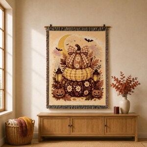Halloween Pumpkin Patch Woven Blanket | Scarecrow Moon Harvest Throw