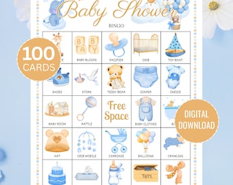 Baby Boy Bingo, 100 Printable Bingo Cards, Baby Shower Bingo, Blue Baby Shower, Baby Item Bingo, Baby Bingo Printable