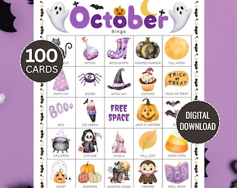 October Bingo Set, 100 Printable Bingo Cards, Fall Bingo Game, October Halloween Party Activity, Autumn Classroom Game, Bingo Printable