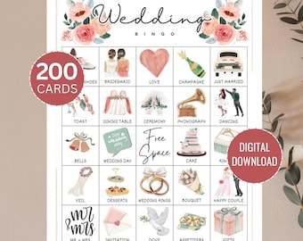 Wedding Bingo, 200 Printable Bingo Cards, Bridal Shower Game, Wedding Reception Activity, Engagement Party Game, Wedding Printable
