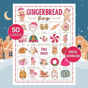 May include: A festive Gingerbread Bingo game card with a winter theme. The card features gingerbread men, Santa, and other holiday-themed images. The text "Gingerbread Bingo" is at the top, with "50 Cards" and "Digital Download" labels.