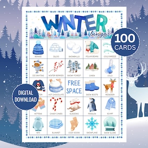 May include: A winter bingo game card in blue and white, featuring illustrations of winter items such as snowballs, a beanie, and a snowflake. The words "WINTER bingo" are at the top, and "100 CARDS" are in the upper right. The words "DIGITAL DOWNLOAD" are in the lower left.