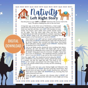 Pode incluir: Um download digital de um jogo da história da Natividade. A imagem apresenta ilustrações da cena da Natividade, incluindo Maria, José, o menino Jesus e pastores. O texto diz "Nativity Left Right Story" com instruções do jogo.