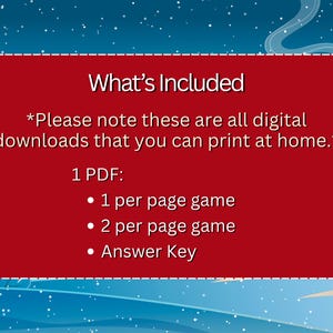 Puede incluir: Un rect&aacute;ngulo rojo con texto blanco que dice "Qu&eacute; est&aacute; incluido". El texto de abajo enumera las descargas digitales: un juego por p&aacute;gina, un juego por 2 p&aacute;ginas y una clave de respuestas. El fondo es una escena invernal.