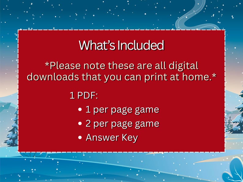Puede incluir: Un rect&aacute;ngulo rojo con texto blanco que dice "Qu&eacute; est&aacute; incluido". El texto de abajo enumera las descargas digitales: un juego por p&aacute;gina, un juego por 2 p&aacute;ginas y una clave de respuestas. El fondo es una escena invernal.