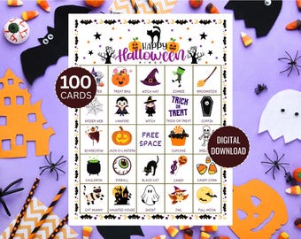 Halloween Bingo, 100 Halloween Bingo Cards, Halloween Games, Halloween Party Game, Halloween Classroom Activity, Printable Halloween Game
