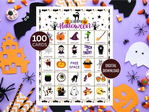 Halloween Bingo, 100 Halloween Bingo Cards, Halloween Games, Halloween Party Game, Halloween Classroom Activity, Printable Halloween Game