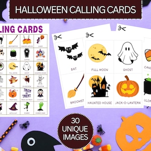 May include: Halloween calling cards with illustrations of bats, ghosts, and pumpkins. The cards are labelled with Halloween-related words. The design includes the text "Calling Cards" and "30 Unique Images". The colour scheme is orange, black, and white.