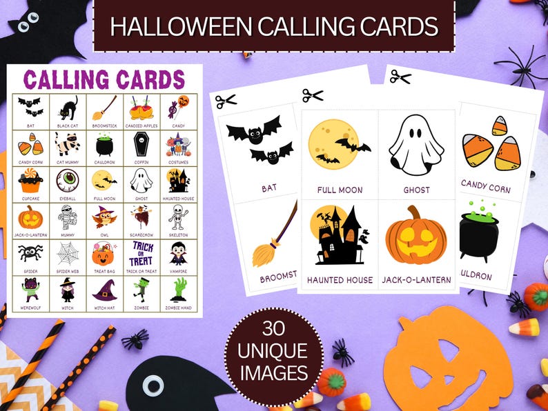 May include: Halloween calling cards with illustrations of bats, ghosts, and pumpkins. The cards are labelled with Halloween-related words. The design includes the text "Calling Cards" and "30 Unique Images". The colour scheme is orange, black, and white.
