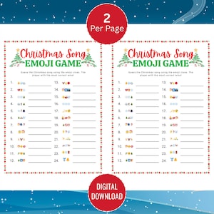 Puede incluir: Un juego imprimible de Emoji de Canciones de Navidad con dos hojas de juego por p&aacute;gina. El juego presenta un dise&ntilde;o festivo con &aacute;rboles de Navidad y un borde rojo. El juego desaf&iacute;a a los jugadores a adivinar canciones de Navidad usando pistas de emoji.