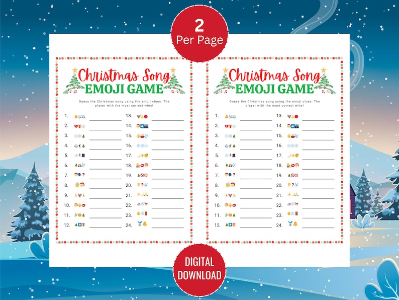 Puede incluir: Un juego imprimible de Emoji de Canciones de Navidad con dos hojas de juego por p&aacute;gina. El juego presenta un dise&ntilde;o festivo con &aacute;rboles de Navidad y un borde rojo. El juego desaf&iacute;a a los jugadores a adivinar canciones de Navidad usando pistas de emoji.