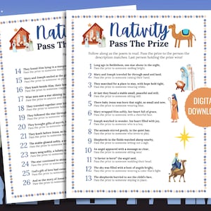 Może przedstawiać: Dwa arkusze do druku gry "Nativity Pass The Prize". Projekt zawiera ilustracje sceny Bożego Narodzenia, w tym Maryję, Józefa, małego Jezusa i Trzech Króli. Obecny jest również tekst "Pobierz cyfrowo".