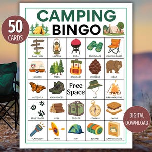 May include: A Camping Bingo game card featuring 50 cards and a digital download label. The grid displays colorful illustrations of camping gear, nature, and wildlife, including a lantern, grill, bear, kayak, and tent, with a central Free Space.