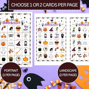 May include: Halloween bingo cards featuring themed illustrations such as bats, spiders, and pumpkins. The cards are available in portrait or landscape orientation, with the text "Happy Halloween" at the top. The image also includes the text "CHOOSE 1 OR 2 CARDS PER PAGE".