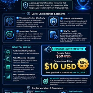 May include: An advertisement for OpenClaw's Secure Brain Bundle, featuring a blue and white design. The graphic highlights core functionalities like threat defense and autonomous evolution. It includes an exclusive limited-time offer of $10 USD, with a regular price of $50 USD.