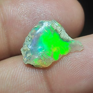 May include: A vibrant, raw opal gemstone with a striking display of color. The opal features a bright green core, surrounded by iridescent hues of blue, yellow, and orange. The rough edges and natural texture of the stone are visible.