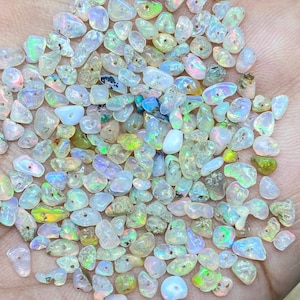 May include: A collection of small, polished opal gemstones. The opals display a variety of colors, including white, blue, green, and yellow, with iridescent flashes. The stones are irregularly shaped and appear to be raw or tumbled.