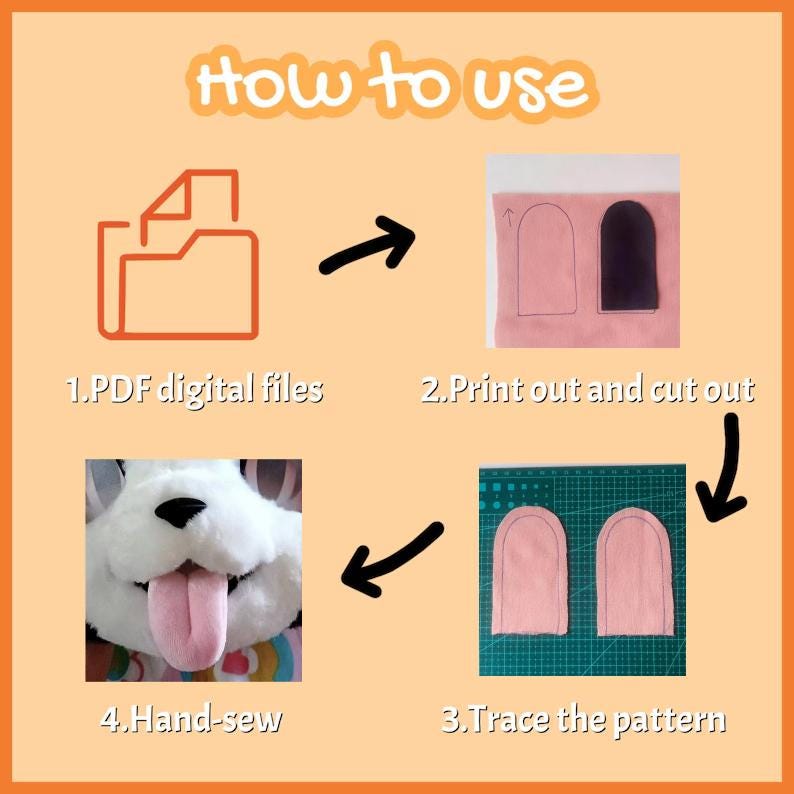 May include: An instructional graphic titled How to use, showing four steps: 1. PDF digital files, 2. Print out and cut out, 3. Trace the pattern on fabric, and 4. Hand-sew the pieces to assemble a plush animal face with a pink tongue.
