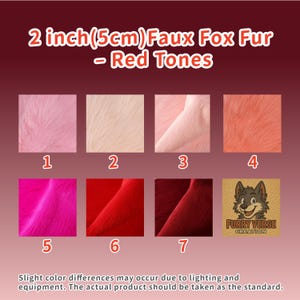 May include: A display of faux fox fur samples in various red tones. The text reads "2 inch (5cm) Faux Fox Fur - Red Tones." The samples include shades of pink, cream, and red. The Furry Verse Creation logo is visible.