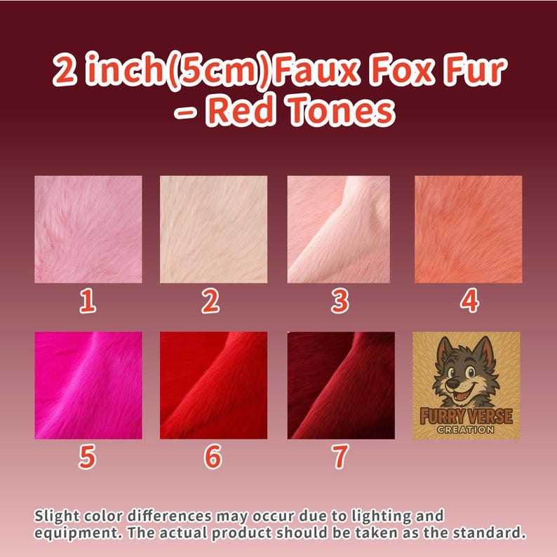 May include: A display of faux fox fur samples in various red tones. The text reads "2 inch (5cm) Faux Fox Fur - Red Tones." The samples include shades of pink, cream, and red. The Furry Verse Creation logo is visible.