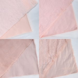 Ultra-soft faux fur fabric with a realistic rex rabbit texture in pastel pink tones. The short plush pile is perfect for projects requiring a close-to-skin material, such as glove lining, fursuit necks, or plush toy parts. Its 25 × 50 cm size fits many DIY needs for sewing or crafting.