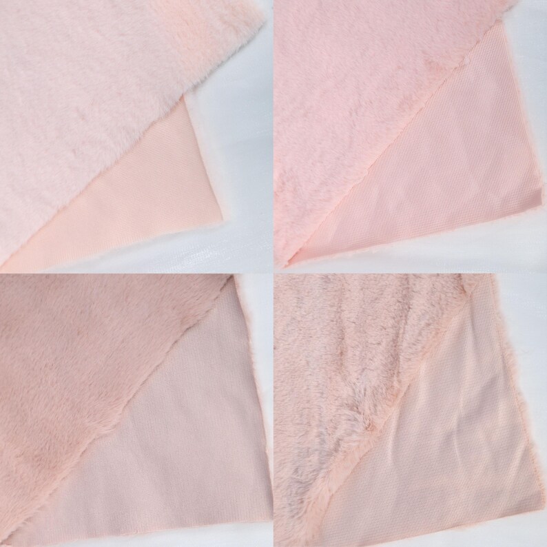 Ultra-soft faux fur fabric with a realistic rex rabbit texture in pastel pink tones. The short plush pile is perfect for projects requiring a close-to-skin material, such as glove lining, fursuit necks, or plush toy parts. Its 25 × 50 cm size fits many DIY needs for sewing or crafting.