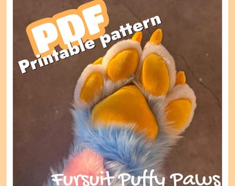 PDF Printable Sewing Pattern Fursuit Puffy Paws Original Design DIY Fluffy Furry Handpaws Making Template Tutorial File Costume Making Guide