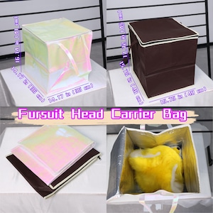 May include: A set of four images showcasing a Fursuit Head Carrier Bag. The bags are shown in different states: open, closed, and with a fursuit head inside. The bags are iridescent, brown, and have dimensions of approximately 14-16 inches.