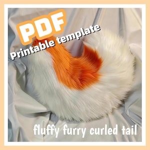 May include: A PDF printable template for a fluffy furry curled tail. The image displays a white and orange faux fur tail curled into a crescent shape, with the text PDF, Printable template, and fluffy furry curled tail overlaid.