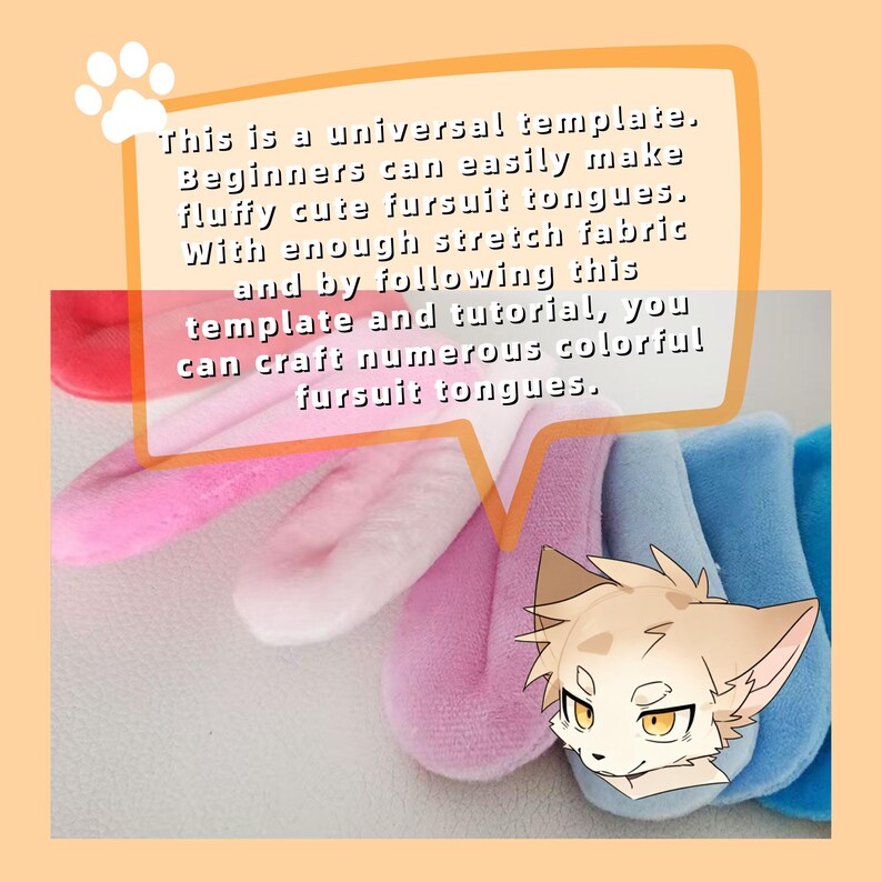 May include: A collection of soft, plush, tongue-shaped fabric pieces in shades of red, pink, purple, and blue. A speech bubble overlay contains the text: This is a universal template. Beginners can easily make fluffy cute fursuit tongues.