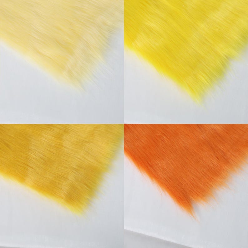 Yellow faux fox fur made of high-quality synthetic fibers with a soft 5 cm pile. Ideal for cosplay tails, furry ears, plush dolls, or accenting a fursuit build. The compact 20 × 50 cm size is easy to store and use for trim, test pieces, or small accessories. Offers bright, eye-catching color and a cruelty-free alternative to real fur.