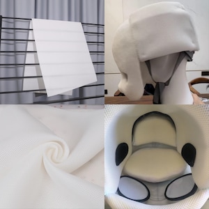 May include: A composite image showcasing a white helmet, fabric, and a sheet of paper. The helmet is on a mannequin head, featuring a chin strap. The fabric is a close-up of a white, textured material. The paper is white and hanging on a black metal rack.