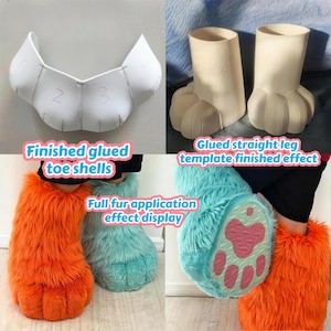 May include: A set of foam templates for animal feet, including white numbered toe shells and straight leg forms. The display shows finished orange and teal faux fur covers with pink paw pads, demonstrating the full fur application effect.